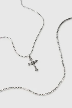 Clearance boohooMAN 2 Pack Cross Pendant Necklace In silver