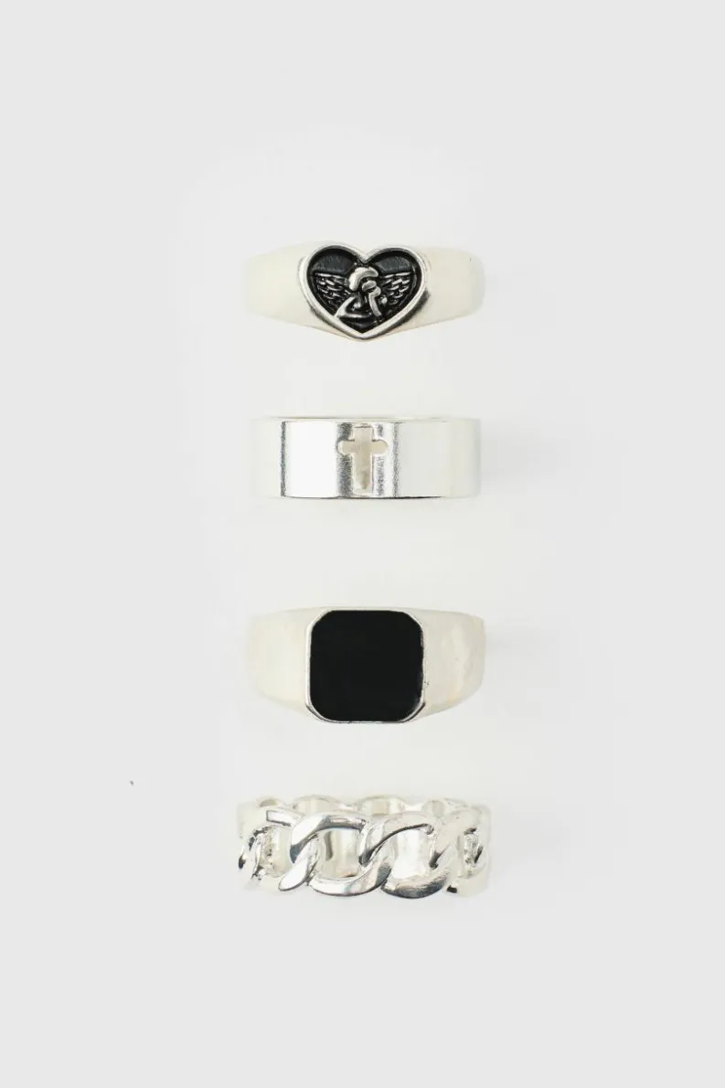 Best Sale boohooMAN 4 pack Cross Ring Set silver