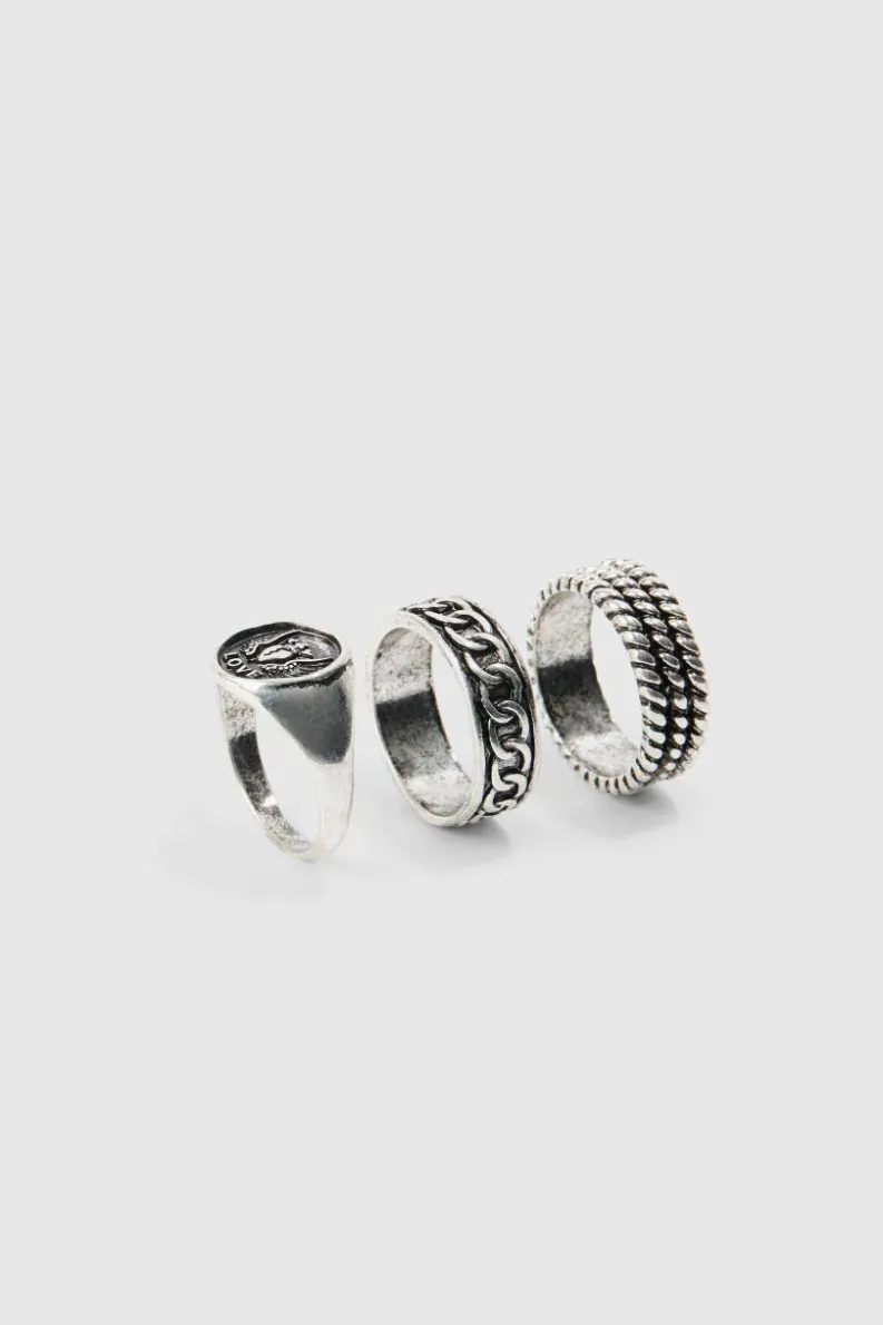 Sale boohooMAN 3 Pack Embossed Rings In silver