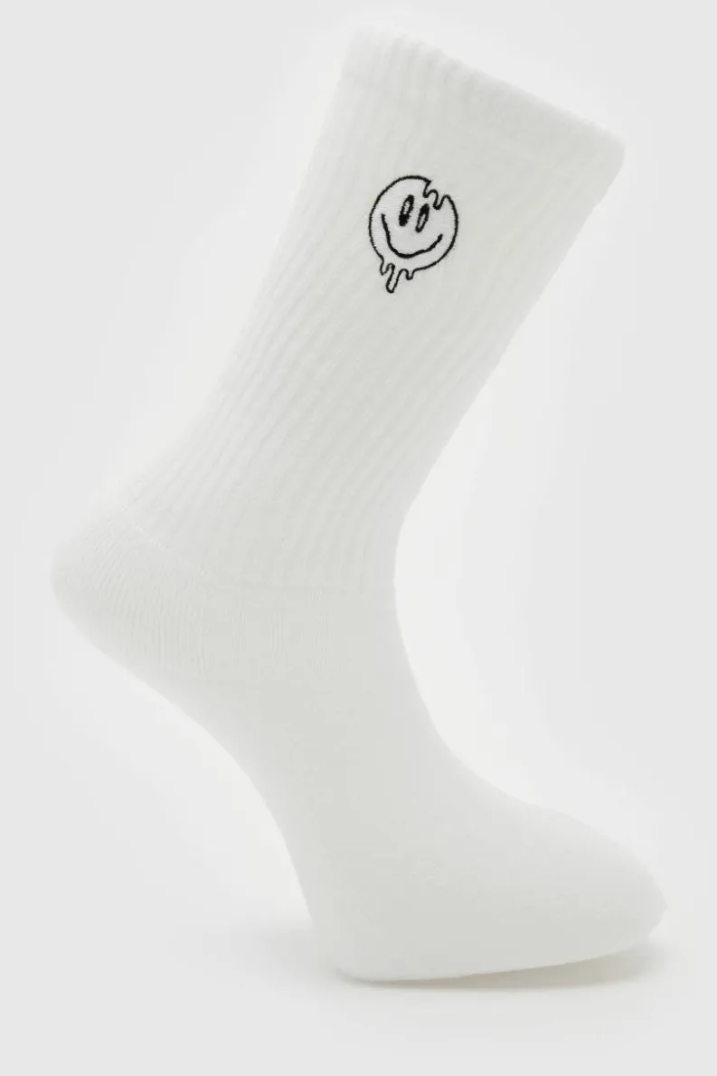 Store boohooMAN 1 Pack Embroidered Trippy Face Sock white