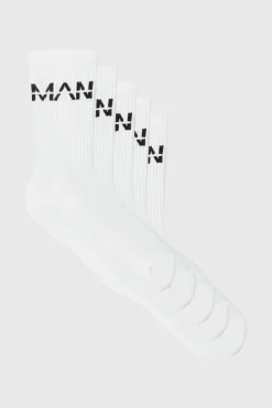 Shop boohooMAN 5 Pack MAN Dash Logo Plain Sport Socks white