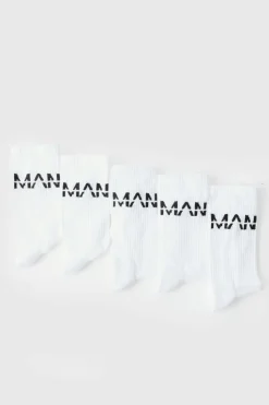 Shop boohooMAN 5 Pack MAN Dash Logo Plain Sport Socks white