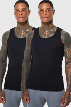 Clearance boohooMAN 2 Pack Muscle Fit Ribbed Vest black
