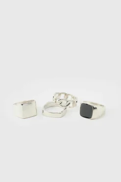 Best Sale boohooMAN 4 Pack Signet Ring Set silver