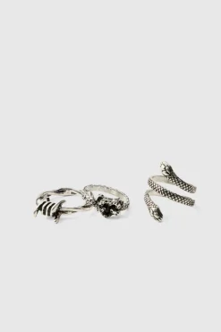 Hot boohooMAN 3 Pack Snake Rings silver