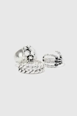 Store boohooMAN 3 Pack Skeleton Detail Rings silver