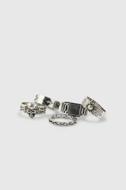 Clearance boohooMAN 5 Pack Skull Embossed Rings silver