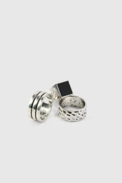 Store boohooMAN 3 Pack Stone Embossed Rings silver