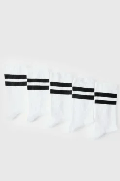 Shop boohooMAN 5 Pack Stripe Sport Socks white