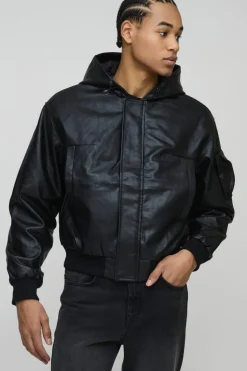 Outlet boohooMAN Padded Hooded PU Bomber Jacket In black