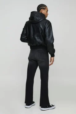 Outlet boohooMAN Padded Hooded PU Bomber Jacket In black