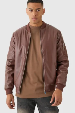 Fashion boohooMAN Padded PU Ma1 Bomber Jacket In chocolate