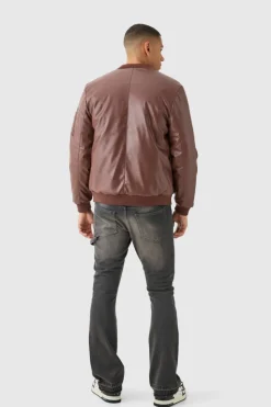 Fashion boohooMAN Padded PU Ma1 Bomber Jacket In chocolate