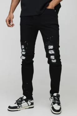 Cheap boohooMAN Paint Splatter Bandanna Rip & Repair Skinny Jeans black