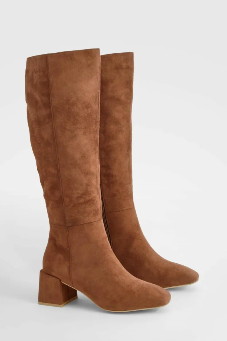 Store boohoo Panel Detail Block Heel Knee High Boots chocolate