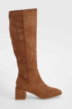 Store boohoo Panel Detail Block Heel Knee High Boots chocolate