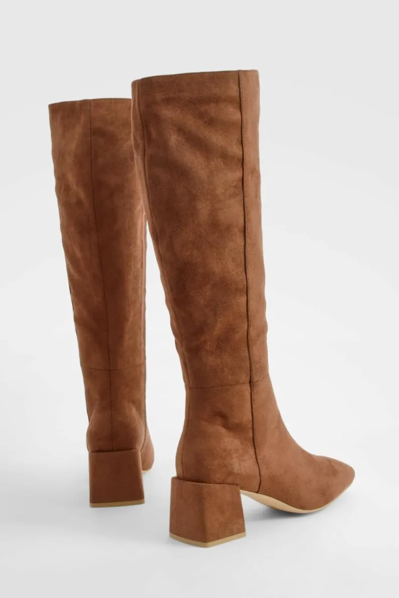 Store boohoo Panel Detail Block Heel Knee High Boots chocolate