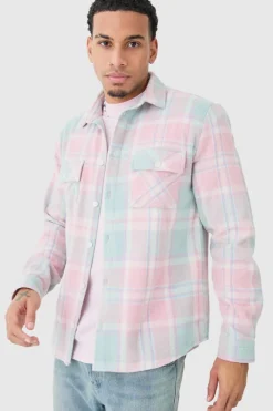Shop boohooMAN Pastel Check Overshirt light blue