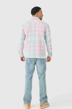 Shop boohooMAN Pastel Check Overshirt light blue