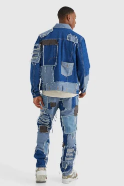 Store boohoo Patchwork Denim Jacket and Jeans Set blue