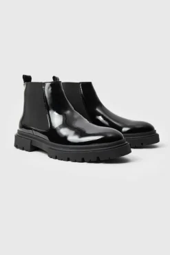 Best Sale boohooMAN Patent Chelsea Boots With Track Sole black