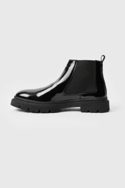 Best Sale boohooMAN Patent Chelsea Boots With Track Sole black