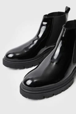 Best Sale boohooMAN Patent Chelsea Boots With Track Sole black