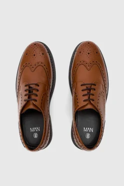 Sale boohooMAN Patent Pu Lace Up Brogues In tan