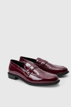 Shop boohooMAN Patent Pu Loafers burgundy