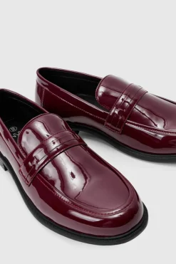 Shop boohooMAN Patent Pu Loafers burgundy