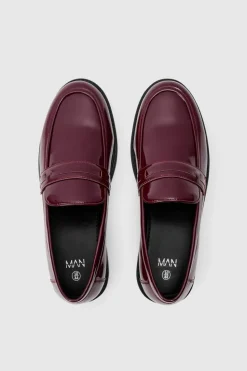 Shop boohooMAN Patent Pu Loafers burgundy