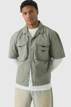 Cheap boohooMAN Peached Twill Utility Short Sleeve Shirt slate