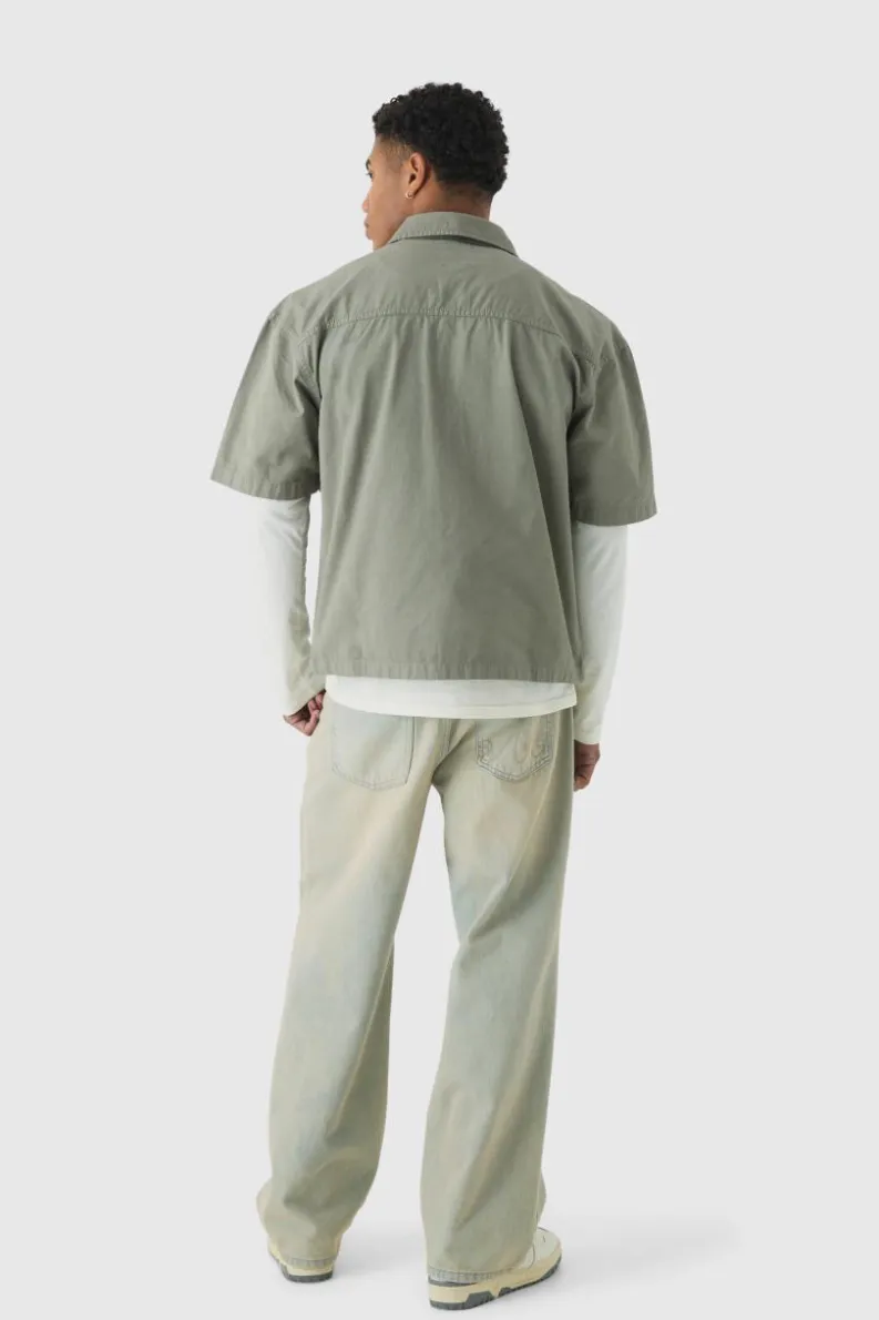 Cheap boohooMAN Peached Twill Utility Short Sleeve Shirt slate