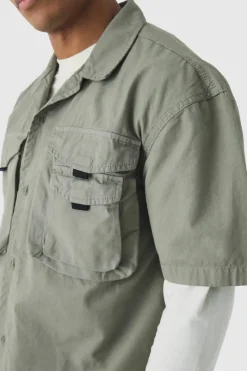 Cheap boohooMAN Peached Twill Utility Short Sleeve Shirt slate