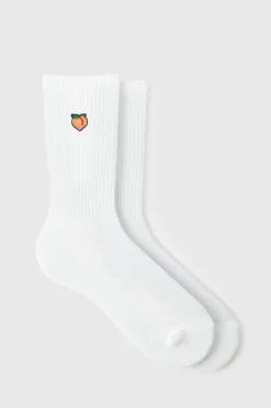 Hot boohooMAN Peach Embroidered Half Terry Socks white