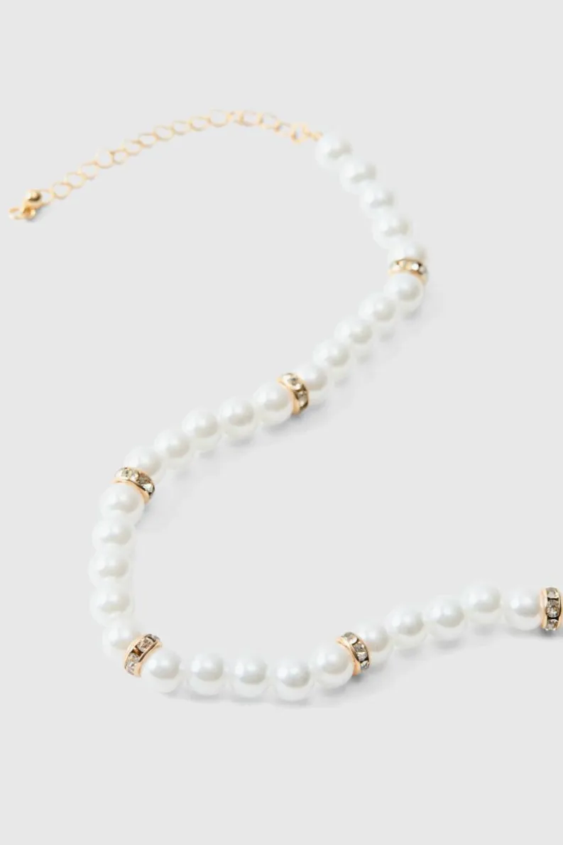 Shop boohooMAN Pearl Bead Necklace in gold