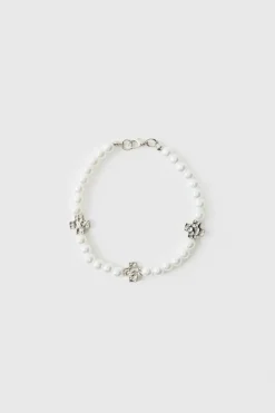Best Sale boohooMAN Pearl Bracelet with Cross Charms white