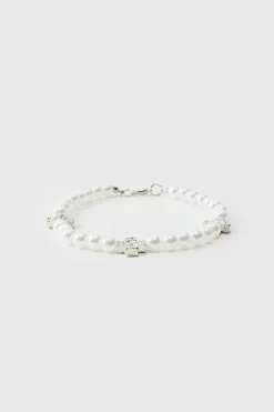 Best Sale boohooMAN Pearl Bracelet with Cross Charms white