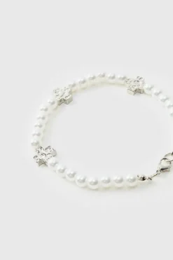 Best Sale boohooMAN Pearl Bracelet with Cross Charms white