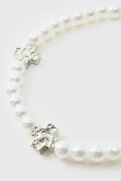 Best Sale boohooMAN Pearl Bracelet with Cross Charms white