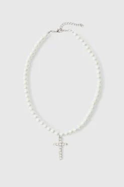 Hot boohooMAN Pearl Necklace with Cross white