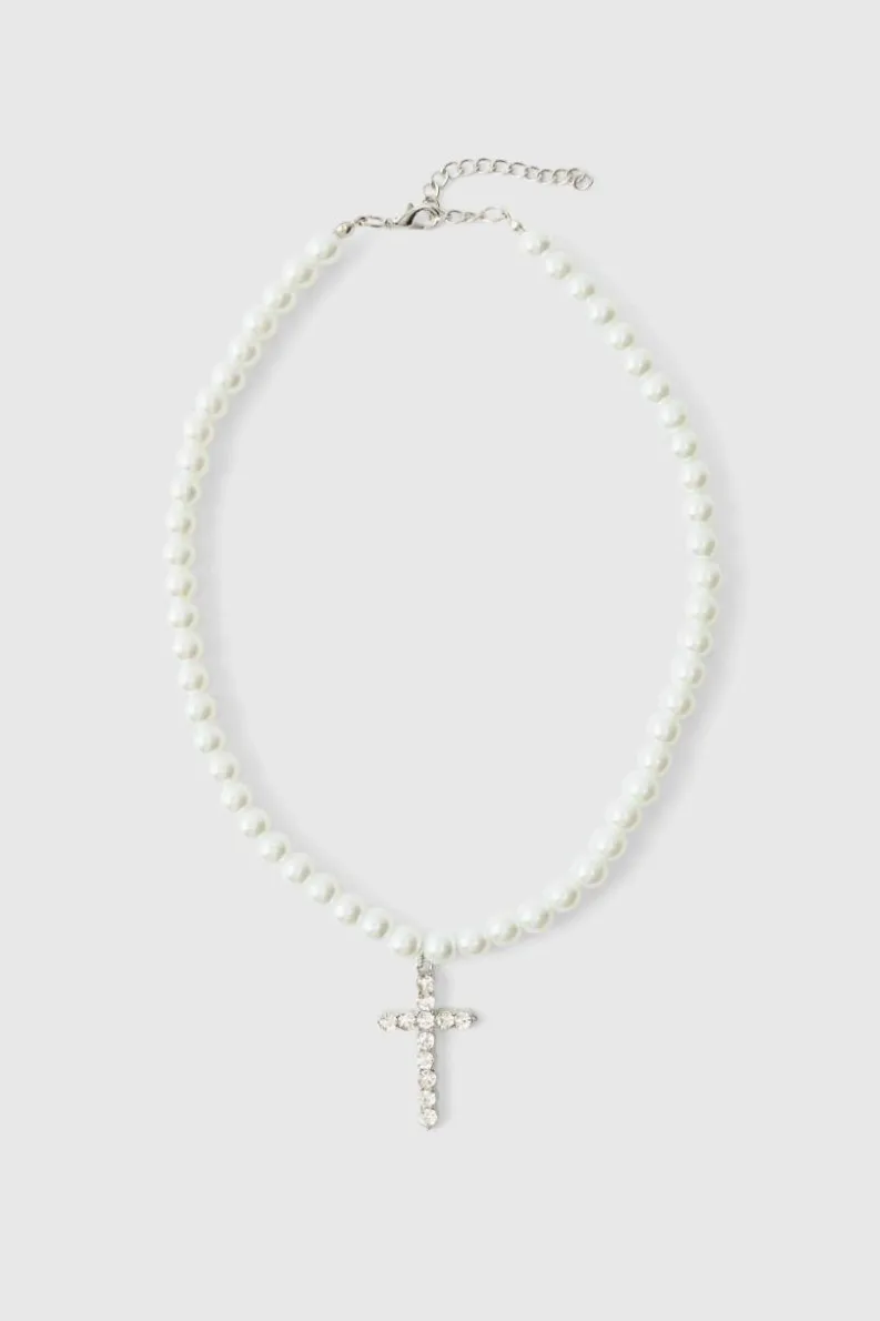 Hot boohooMAN Pearl Necklace with Cross white