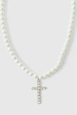 Hot boohooMAN Pearl Necklace with Cross white