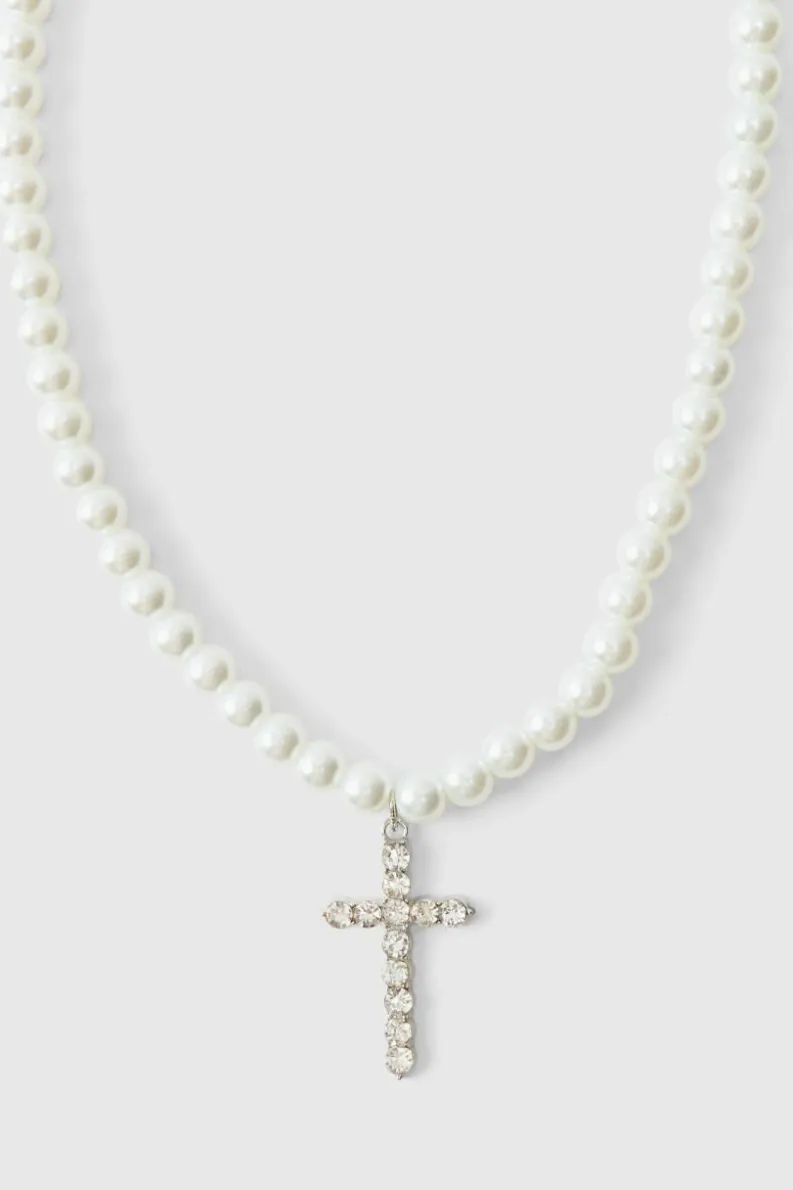 Hot boohooMAN Pearl Necklace with Cross white