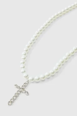 Hot boohooMAN Pearl Necklace with Cross white