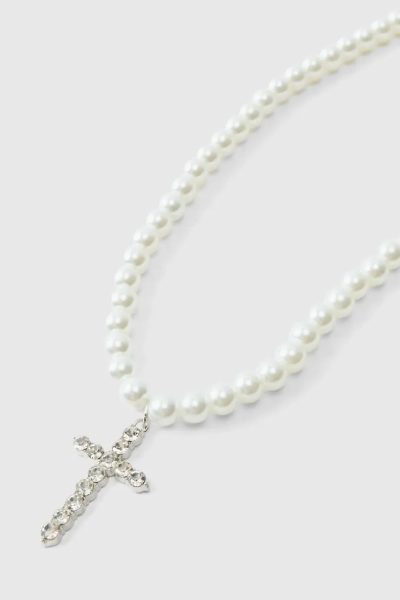 Hot boohooMAN Pearl Necklace with Cross white