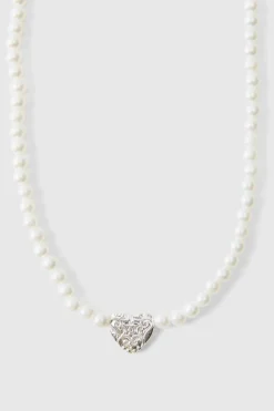 Best Sale boohooMAN Pearl Necklace With Heart Pendant silver
