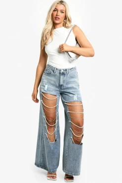Fashion boohoo Pearl Trim Super Wide Leg Jeans light wash
