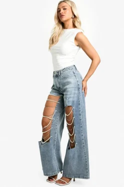 Fashion boohoo Pearl Trim Super Wide Leg Jeans light wash