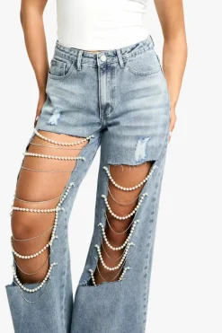 Fashion boohoo Pearl Trim Super Wide Leg Jeans light wash
